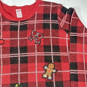 Women's 2XL Red Plaid Christmas Pull Over Sweater Sequin Applique Candy Cane